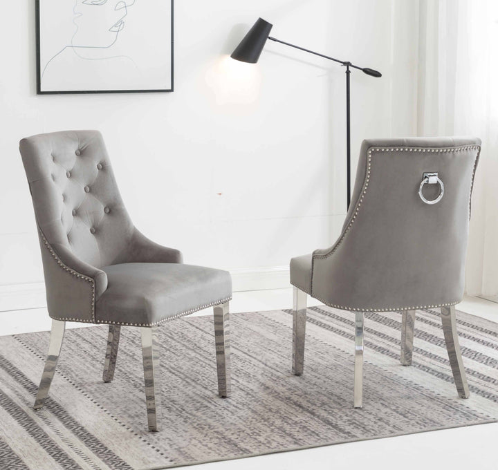 Louis 120cm Grey Marble Dining Table + Knightsbridge Light Grey Knocker Plush Velvet Chairs - Belmont Interiors