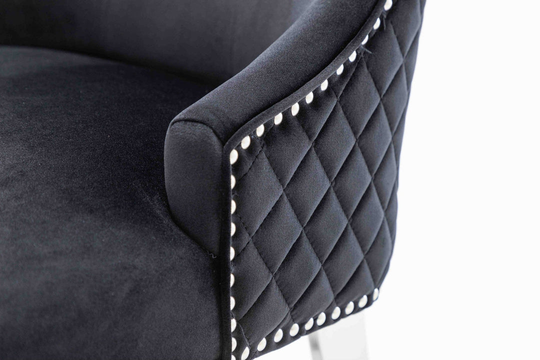 Louis 160cm Black Marble Dining Table + Black Lion Knocker Plush Velvet Chairs - Belmont Interiors
