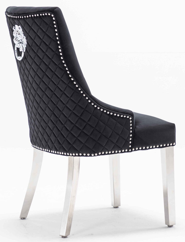 Louis 180cm Black Marble Dining Table + Black Lion Knocker Plush Velvet Chairs - Belmont Interiors