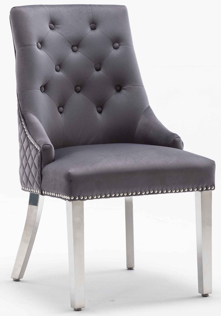 Louis 150cm White Marble Dining Table + 4 Grey Lion Knocker Quilted Back Chairs + 110cm Bench - Belmont Interiors