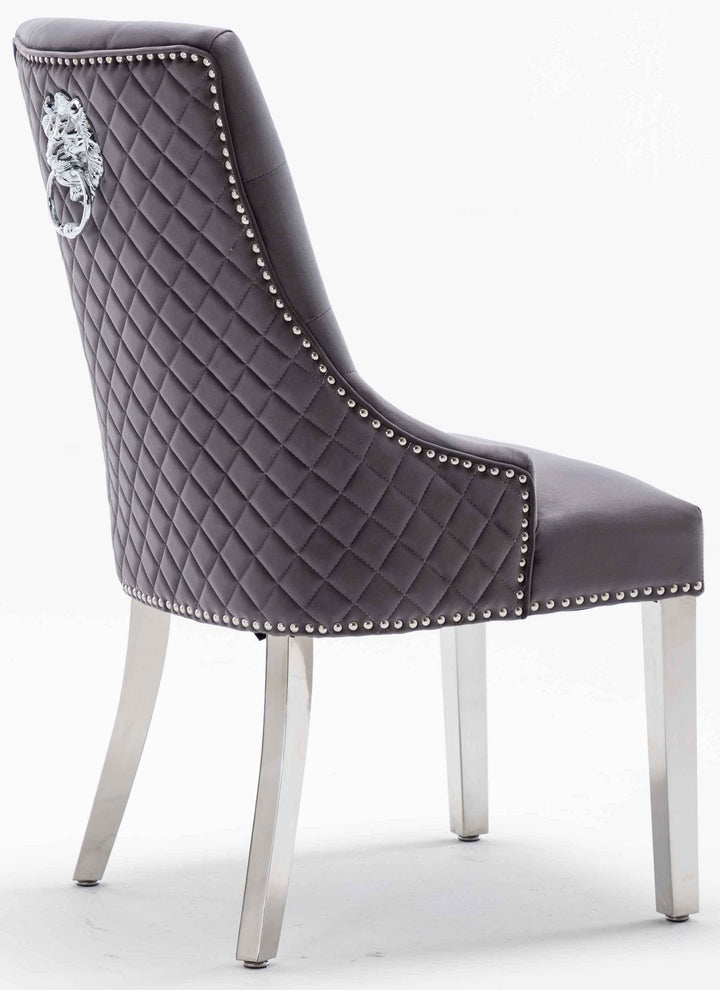Louis 200cm White Marble Dining Table + 4 Grey Lion Knocker Quilted Back Chairs + 130cm Bench - Belmont Interiors