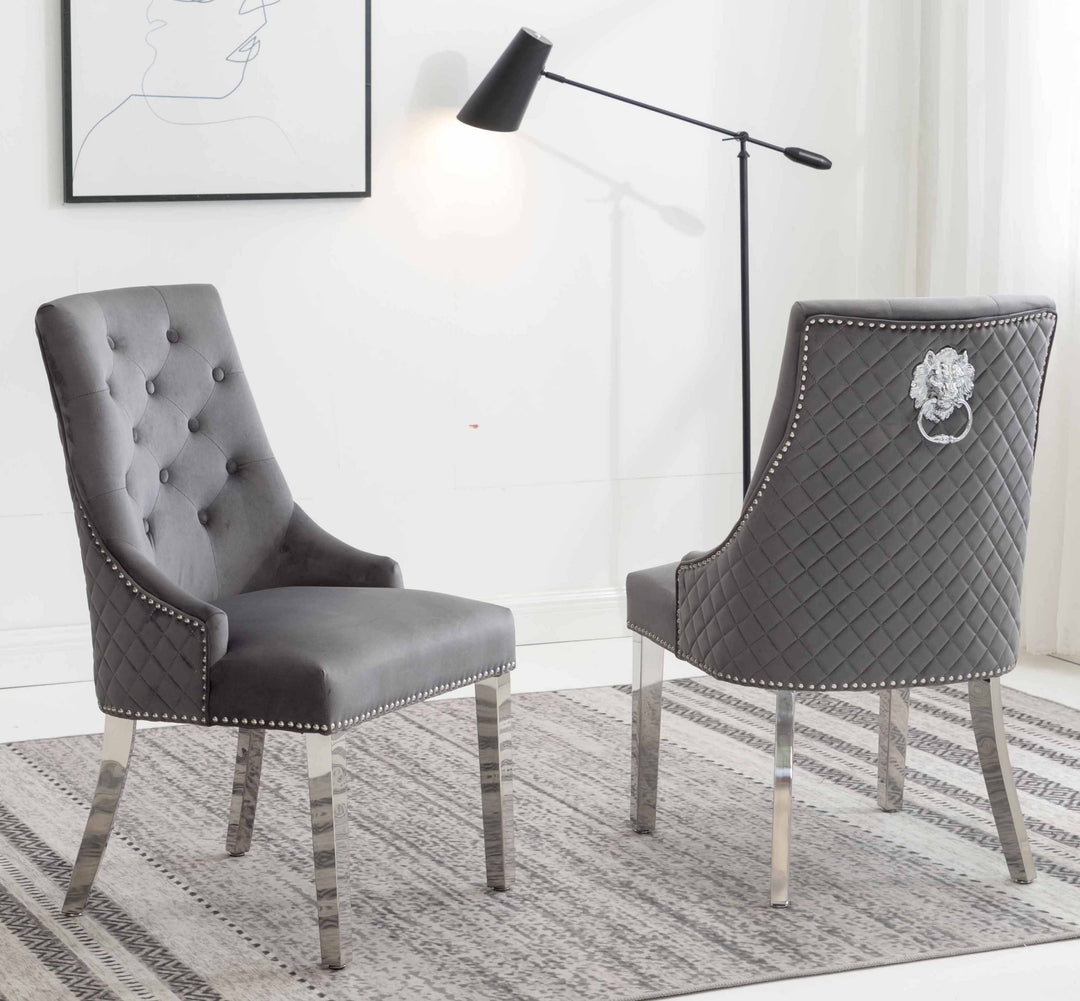 Louis 200cm White Marble Dining Table + 4 Grey Lion Knocker Quilted Back Chairs + 130cm Bench - Belmont Interiors