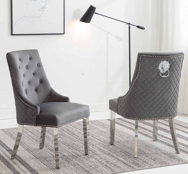 Louis 180cm White Marble Dining Table + 4 Grey Lion Knocker Quilted Back Chairs + 130cm Bench - Belmont Interiors