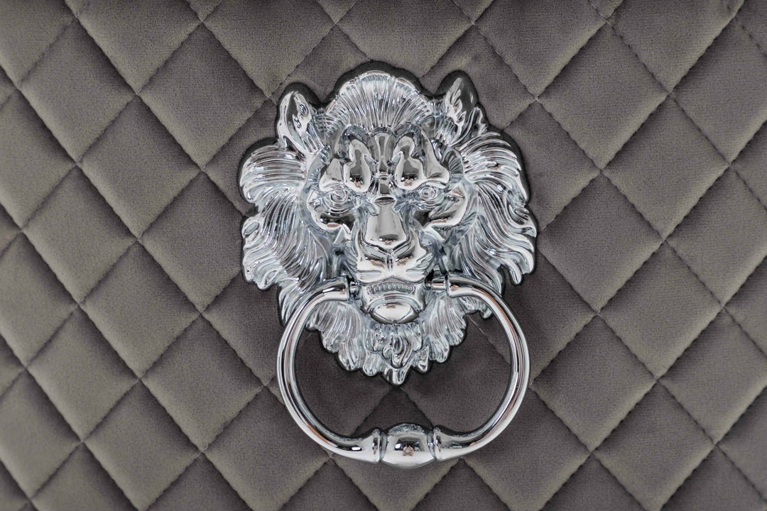 Louis 120cm Grey Marble Dining Table + 4 Light Grey Lion Knocker Quilted Back Chairs + 110cm Bench - Belmont Interiors