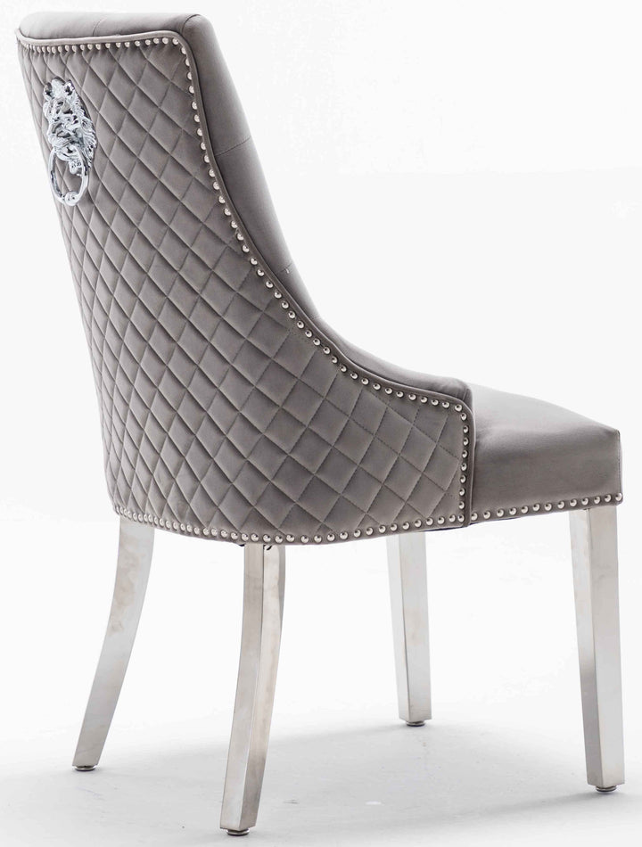 Louis 120cm Grey Marble Dining Table + 4 Light Grey Lion Knocker Quilted Back Chairs + 110cm Bench - Belmont Interiors