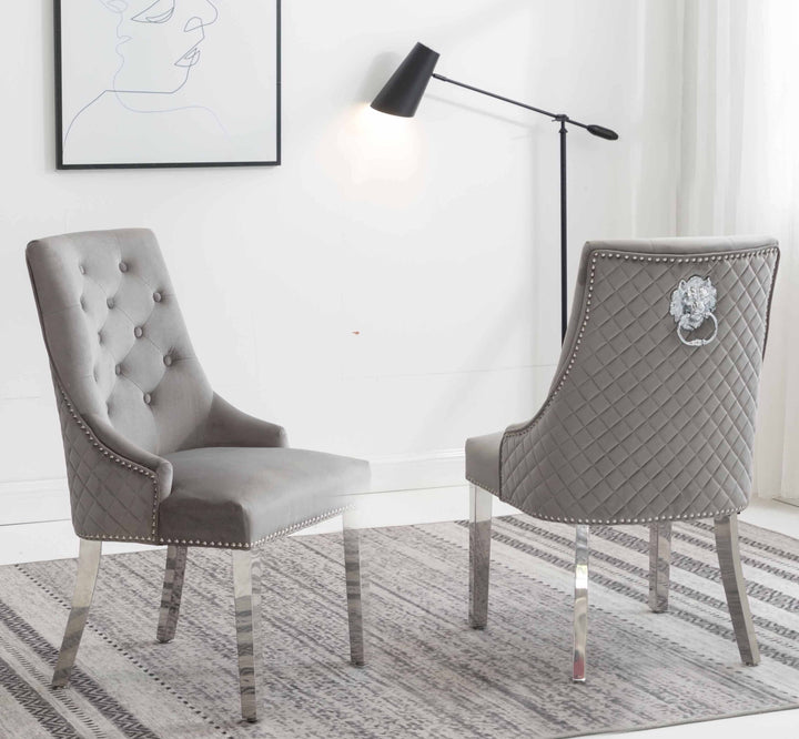 Louis 160cm White Marble Dining Table + Light Grey Lion Knocker Plush Velvet Chairs - Belmont Interiors