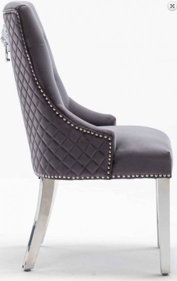 Louis 160cm White Marble Dining Table + Grey Lion Knocker Plush Velvet Chairs - Belmont Interiors