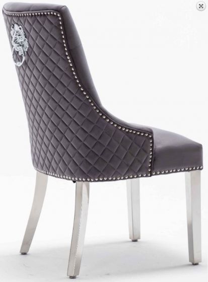 Louis 160cm White Marble Dining Table + Grey Lion Knocker Plush Velvet Chairs - Belmont Interiors