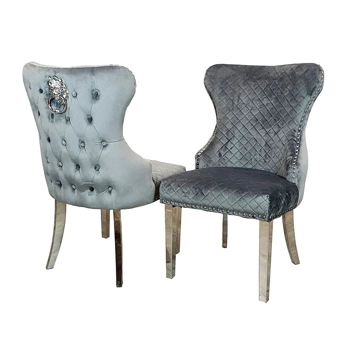 Louis 130cm Round Pandora Bronze Marble Chrome Dining Table And Valente Shimmer Lion Dining Chairs - Belmont Interiors