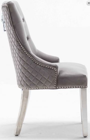 Louis 160cm White Marble Dining Table + Light Grey Lion Knocker Plush Velvet Chairs - Belmont Interiors