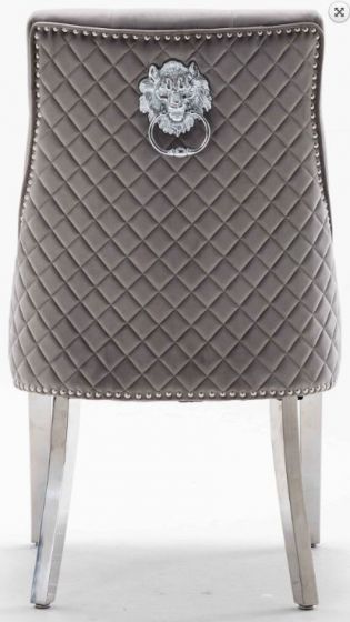 Louis 160cm White Marble Dining Table + Light Grey Lion Knocker Plush Velvet Chairs - Belmont Interiors