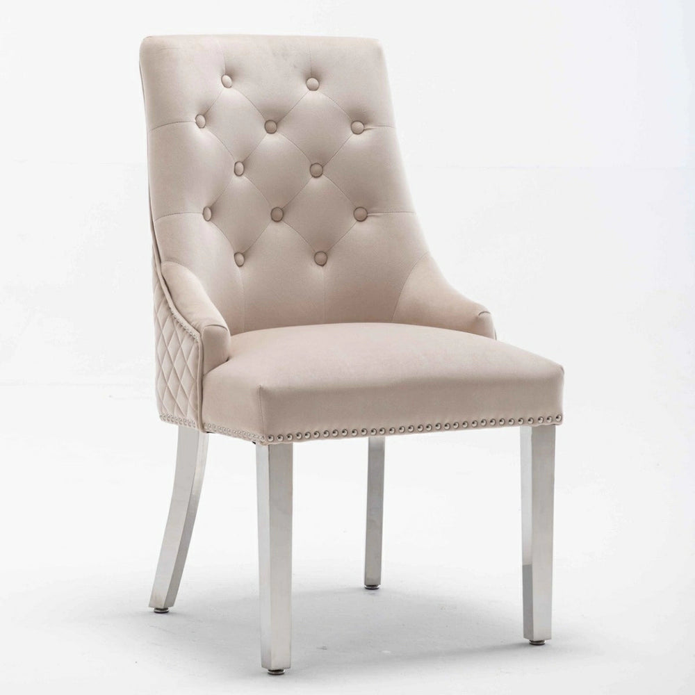 Portland, Cream, French Velvet, Ring Knocker, Quilted Back Dining Chair With Chrome Legs - Belmont Interiors
