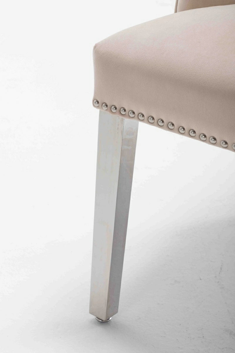 Portland, Cream, French Velvet, Ring Knocker, Quilted Back Dining Chair With Chrome Legs - Belmont Interiors