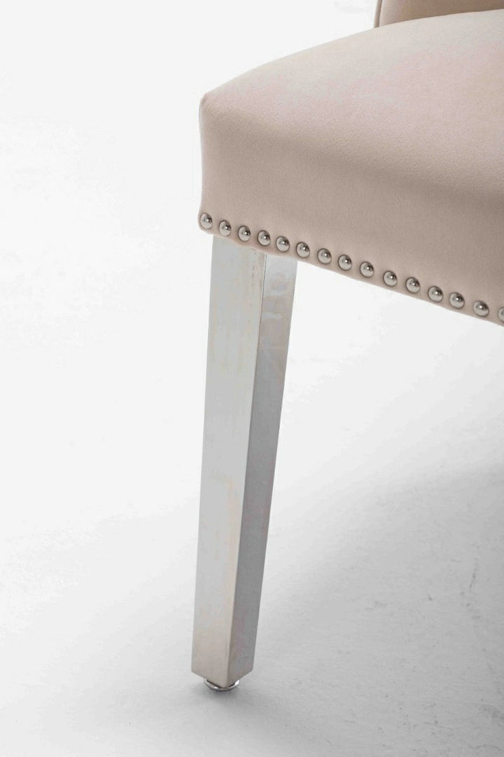 Portland, Cream, French Velvet, Ring Knocker, Quilted Back Dining Chair With Chrome Legs - Belmont Interiors
