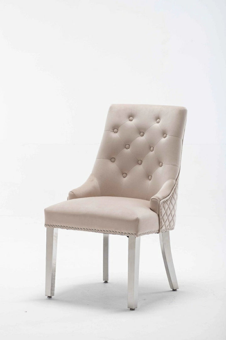 Portland, Cream, French Velvet, Ring Knocker, Quilted Back Dining Chair With Chrome Legs - Belmont Interiors