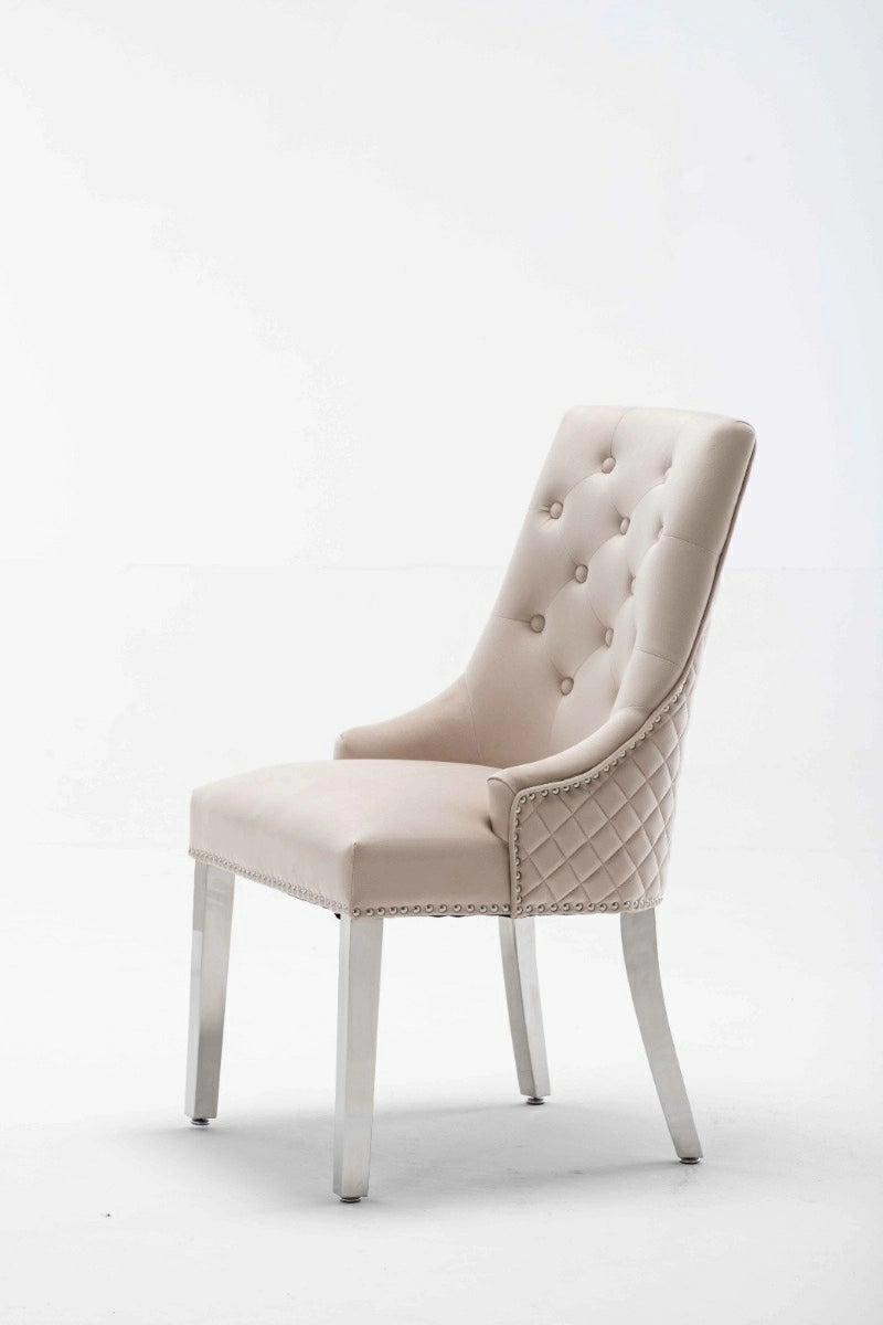 Portland, Cream, French Velvet, Ring Knocker, Quilted Back Dining Chair With Chrome Legs - Belmont Interiors