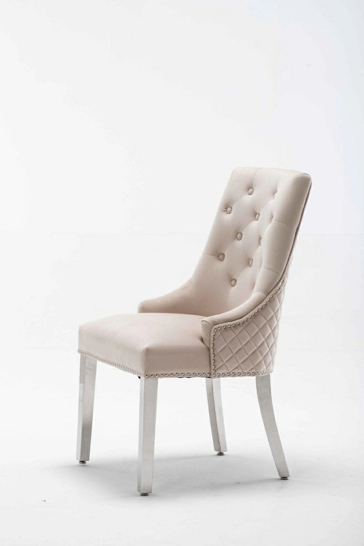 Portland, Cream, French Velvet, Ring Knocker, Quilted Back Dining Chair With Chrome Legs - Belmont Interiors