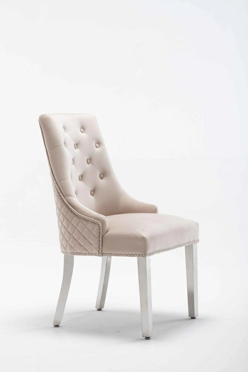 Portland, Cream, French Velvet, Ring Knocker, Quilted Back Dining Chair With Chrome Legs - Belmont Interiors