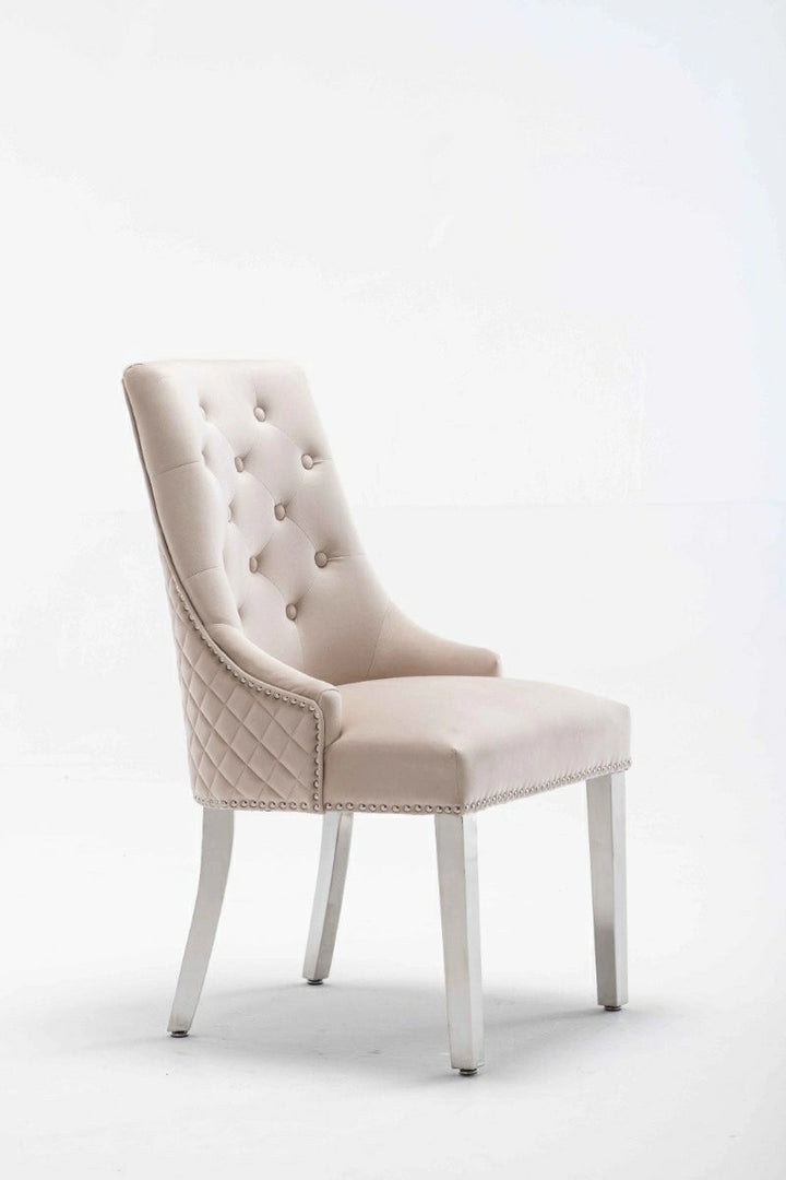 Portland, Cream, French Velvet, Ring Knocker, Quilted Back Dining Chair With Chrome Legs - Belmont Interiors