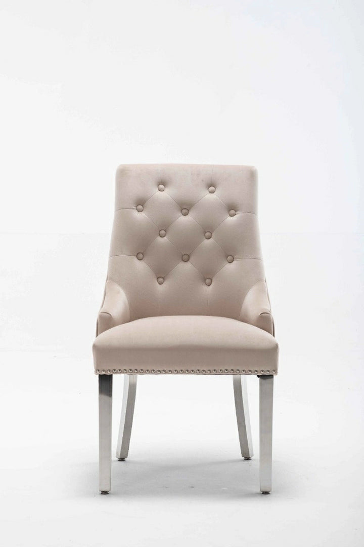 Portland, Cream, French Velvet, Ring Knocker, Quilted Back Dining Chair With Chrome Legs - Belmont Interiors