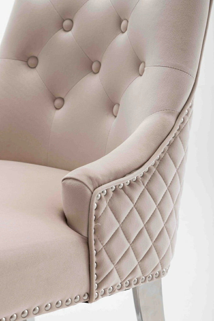 Portland, Cream, French Velvet, Ring Knocker, Quilted Back Dining Chair With Chrome Legs - Belmont Interiors