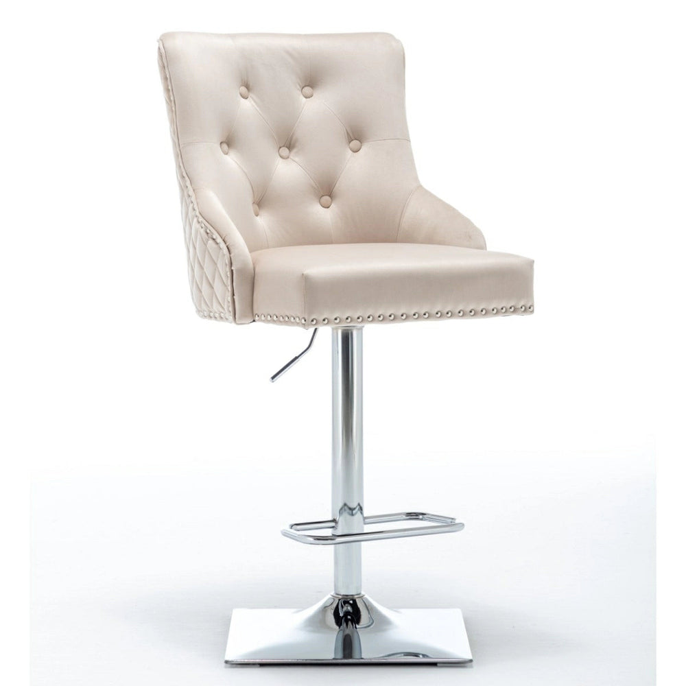 Portland, Cream French Velvet, Ring Knocker Quilted Back Bar Stool - Belmont Interiors