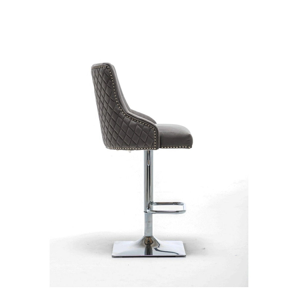 Portland, Dark Grey French Velvet, Ring Knocker Quilted Back Bar Stool - Belmont Interiors