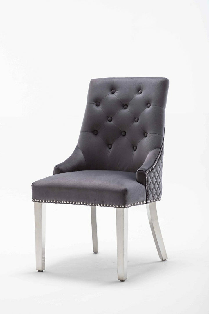 Portland,Grey, French Velvet, Ring Knocker, Quilted Back Dining Chair With Chrome Legs - Belmont Interiors
