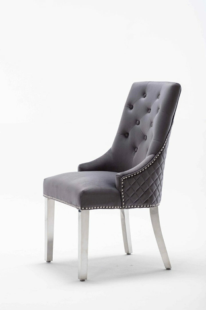 Portland,Grey, French Velvet, Ring Knocker, Quilted Back Dining Chair With Chrome Legs - Belmont Interiors