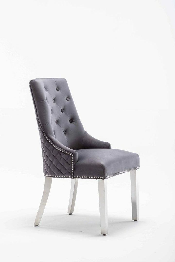 Portland,Grey, French Velvet, Ring Knocker, Quilted Back Dining Chair With Chrome Legs - Belmont Interiors