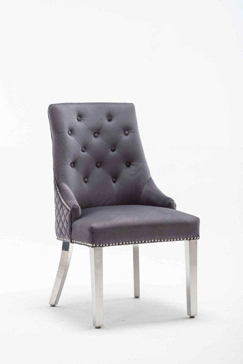 Portland,Grey, French Velvet, Ring Knocker, Quilted Back Dining Chair With Chrome Legs - Belmont Interiors