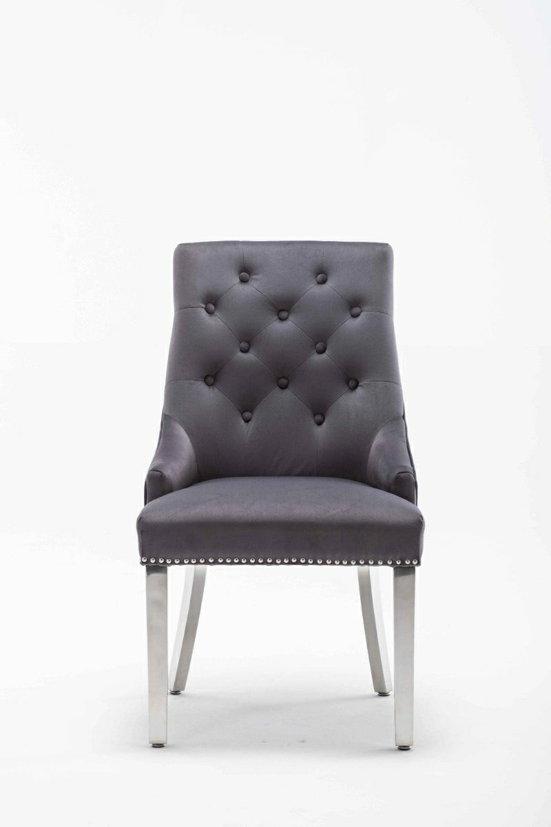 Portland,Grey, French Velvet, Ring Knocker, Quilted Back Dining Chair With Chrome Legs - Belmont Interiors