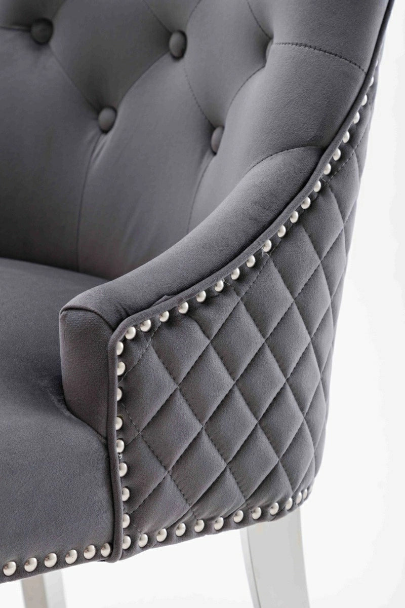 Portland,Grey, French Velvet, Ring Knocker, Quilted Back Dining Chair With Chrome Legs - Belmont Interiors
