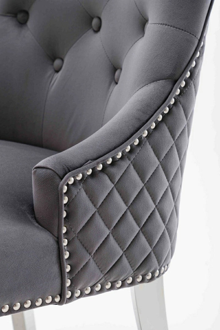 Portland,Grey, French Velvet, Ring Knocker, Quilted Back Dining Chair With Chrome Legs - Belmont Interiors