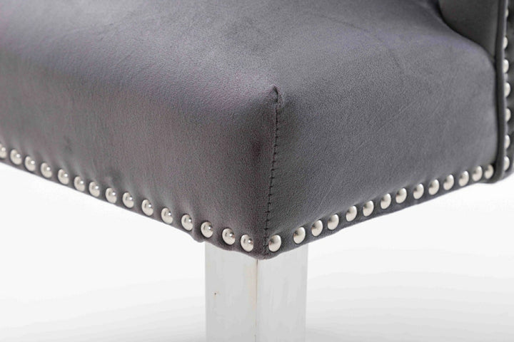 Portland,Grey, French Velvet, Ring Knocker, Quilted Back Dining Chair With Chrome Legs - Belmont Interiors
