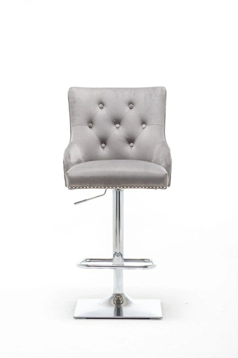 Portland, Light Grey French Velvet, Ring Knocker Quilted Back Bar Stool - Belmont Interiors