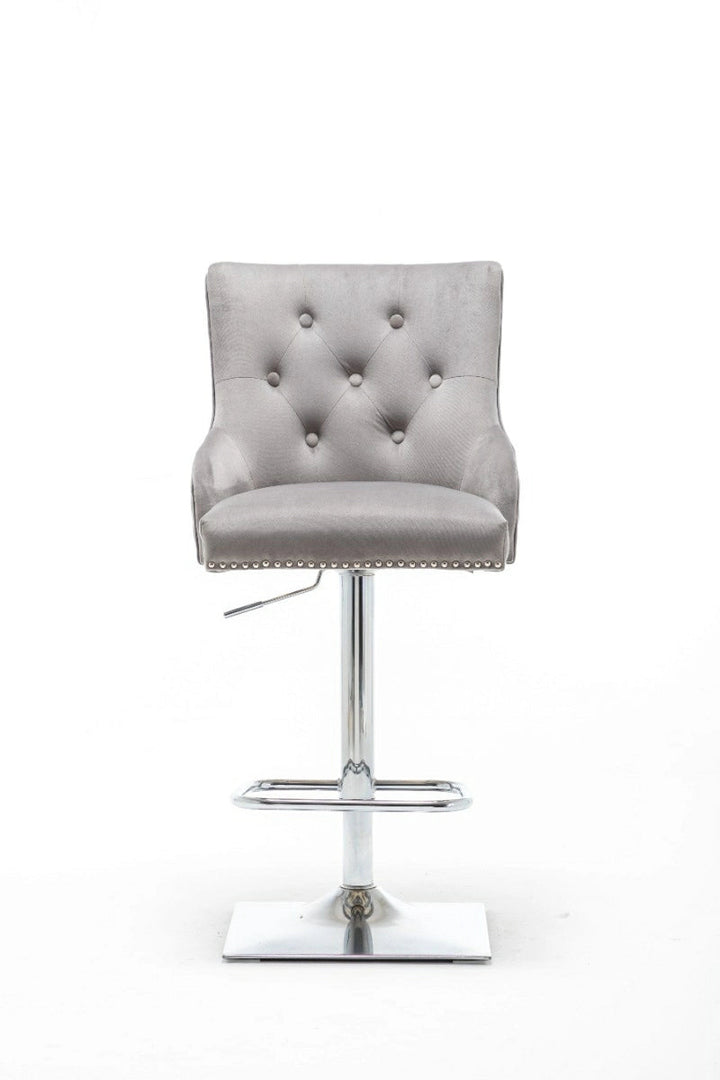Portland, Light Grey French Velvet, Ring Knocker Quilted Back Bar Stool - Belmont Interiors