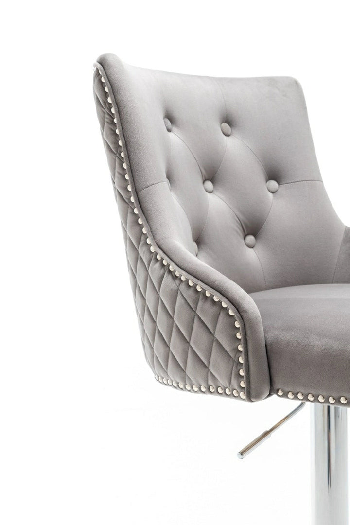 Portland, Light Grey French Velvet, Ring Knocker Quilted Back Bar Stool - Belmont Interiors