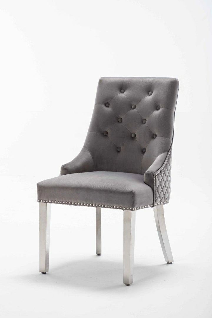 Dakota Light Grey French Velvet Quilted Back Dining Chair With Chrome Legs - Belmont Interiors