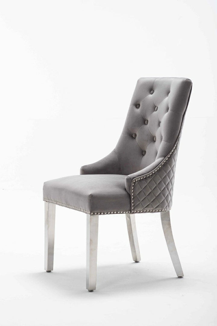 Dakota Light Grey French Velvet Quilted Back Dining Chair With Chrome Legs - Belmont Interiors
