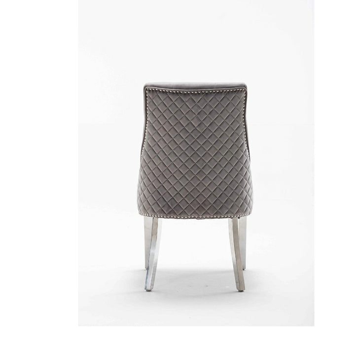 Dakota Light Grey French Velvet Quilted Back Dining Chair With Chrome Legs - Belmont Interiors