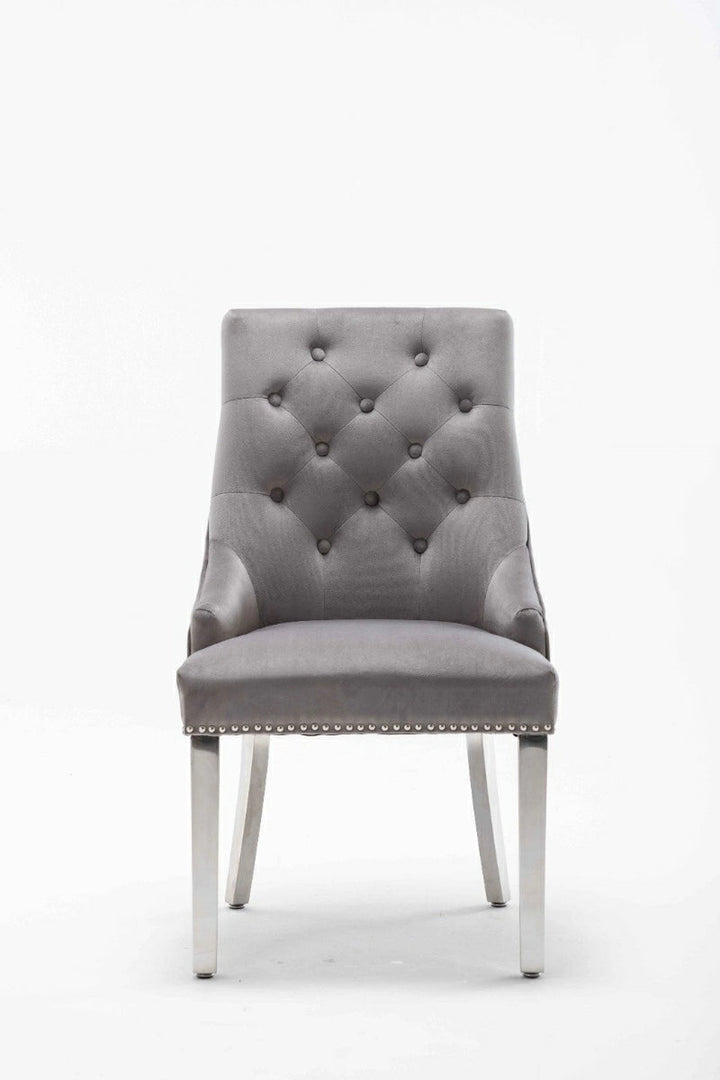 Dakota Light Grey French Velvet Quilted Back Dining Chair With Chrome Legs - Belmont Interiors