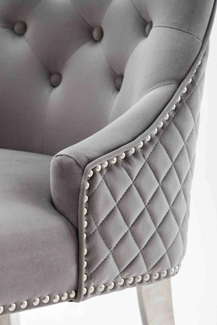 Dakota Light Grey French Velvet Quilted Back Dining Chair With Chrome Legs - Belmont Interiors