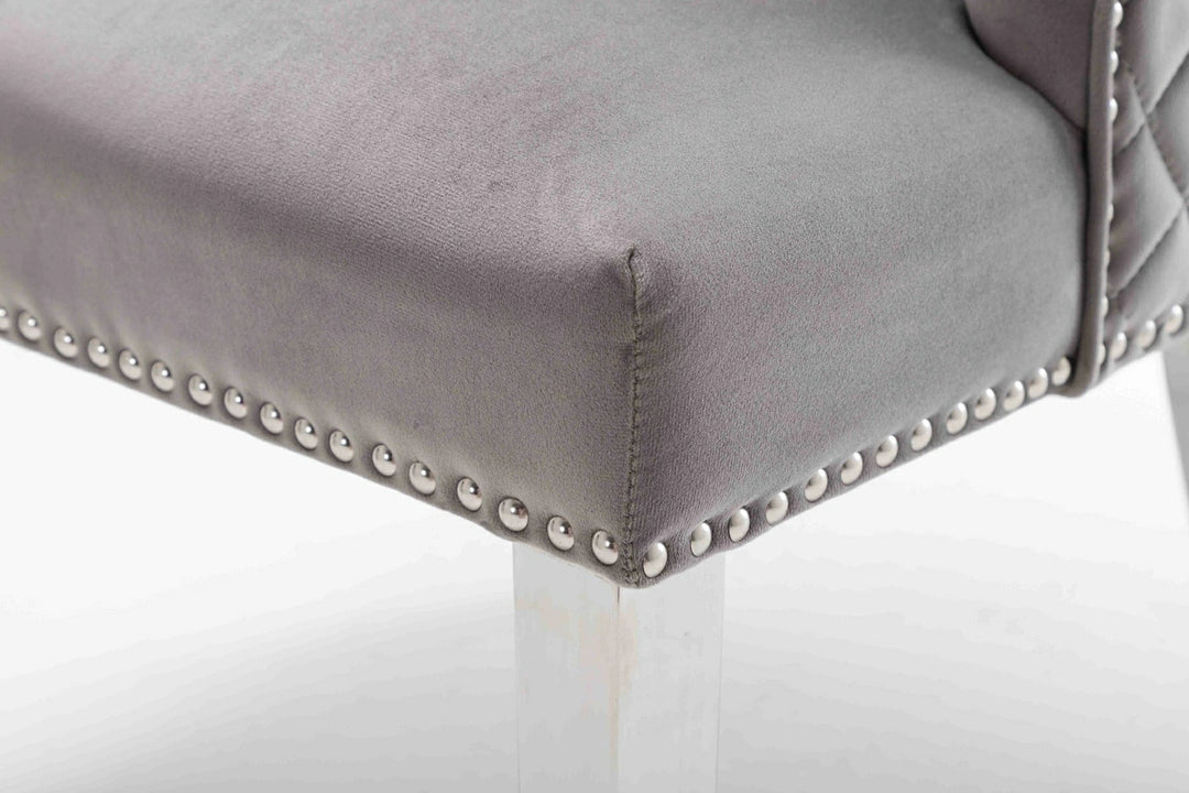 Dakota Light Grey French Velvet Quilted Back Dining Chair With Chrome Legs - Belmont Interiors
