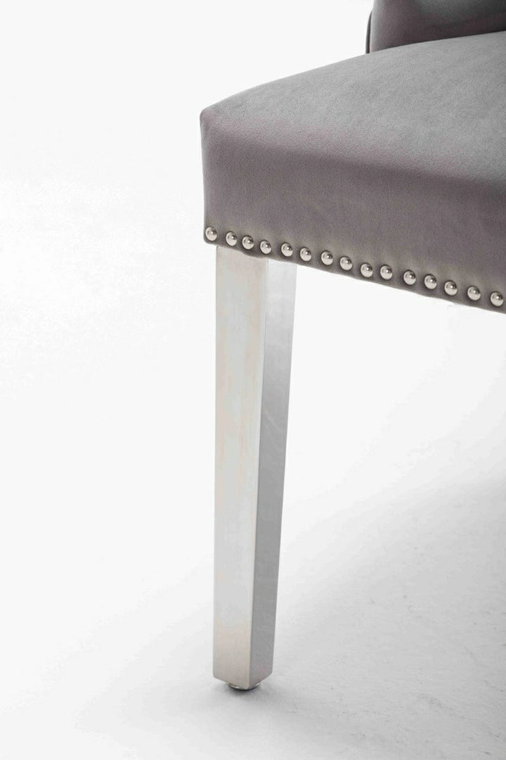 Dakota Light Grey French Velvet Quilted Back Dining Chair With Chrome Legs - Belmont Interiors