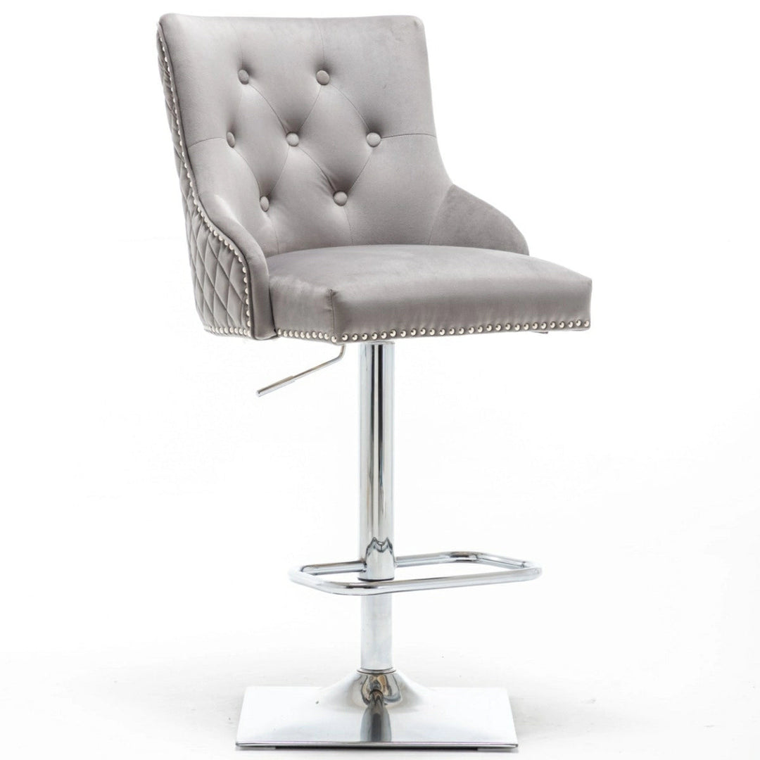 Portland, Light Grey French Velvet, Ring Knocker Quilted Back Bar Stool - Belmont Interiors