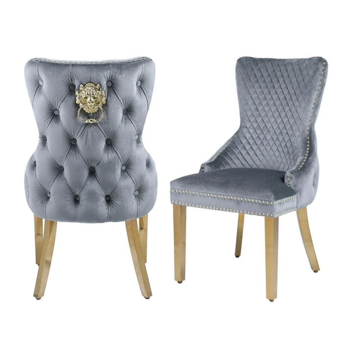 Victoria Gold Lion Knocker Quilted Tufted Plush Velvet Dining Chair Gold Legs - 3 Colours - Belmont Interiors