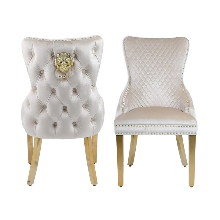 Victoria Gold Lion Knocker Quilted Tufted Plush Velvet Dining Chair Gold Legs - 3 Colours - Belmont Interiors