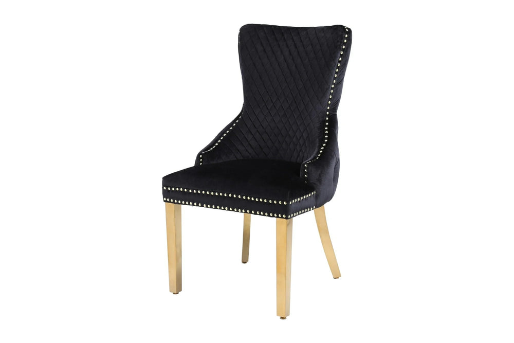 Victoria Gold Lion Knocker Quilted Tufted Plush Velvet Dining Chair Gold Legs - 3 Colours - Belmont Interiors