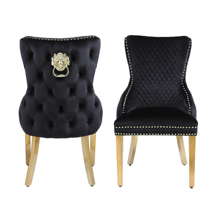 Victoria Gold Lion Knocker Quilted Tufted Plush Velvet Dining Chair Gold Legs - 3 Colours - Belmont Interiors
